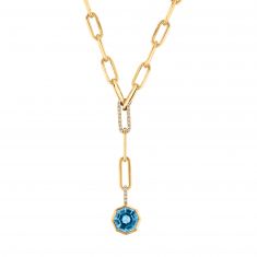 Octagon Swiss Blue Topaz and 1/10ctw Diamond Yellow Gold Necklace
