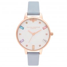 Olivia Burton Bee Crystal White Dial Chalk Blue Leather Strap Watch OB16RB12
