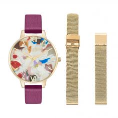 Olivia Burton Pop Art Demi Dial, Orchid Eco Vegan Strap, and Pale Gold-Tone Mesh Bracelet Watch Gift Set | 34mm | OBGSET153