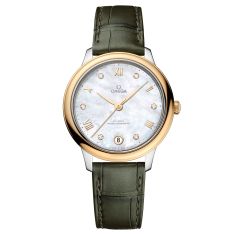 OMEGA De Ville Prestige Co-Axial Master Chronometer Mother-of-Pearl Diamond Dial Green Leather Strap Watch | 34mm | O43423342055002