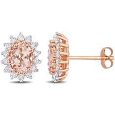 Oval-Shaped Morganite and 1/2ctw Diamond Floral Halo Rose Gold Stud Earrings