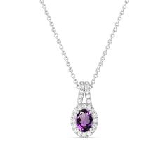 Oval Amethyst and 1/5ctw Lab Grown Diamond Halo White Gold Pendant Necklace