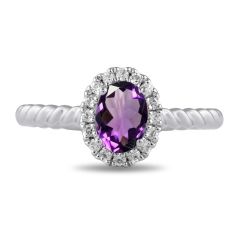 Oval Amethyst and 1/6ctw Lab Grown Diamond Halo White Gold Ring