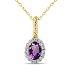 Oval Amethyst and 1/6ctw Lab Grown Diamond Halo Yellow Gold Pendant Necklace