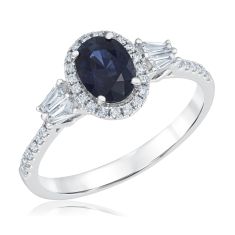 Oval Blue Sapphire and 1/3ctw Diamond Halo White Gold Ring