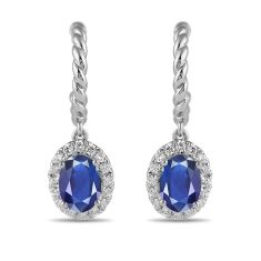 Oval Blue Sapphire and 1/3ctw Lab Grown Diamond White Gold Hoop Drop Earrings
