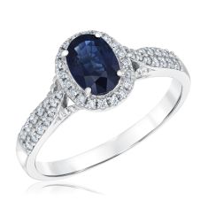 Oval Blue Sapphire and 1/4ctw Diamond Halo White Gold Ring