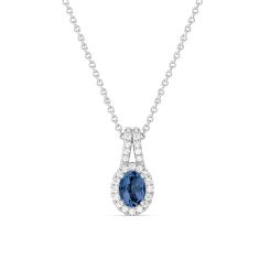 Oval Blue Sapphire and 1/5ctw Lab Grown Diamond Halo White Gold Pendant Necklace
