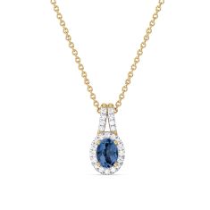 Oval Blue Sapphire and 1/5ctw Lab Grown Diamond Halo Yellow Gold Pendant Necklace