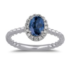 Oval Blue Sapphire and 1/6ctw Lab Grown Diamond Halo White Gold Ring