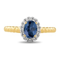 Oval Blue Sapphire and 1/6ctw Lab Grown Diamond Halo Yellow Gold Ring