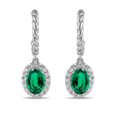 Oval Emerald and 1/3ctw Lab Grown Diamond White Gold Hoop Drop Earrings