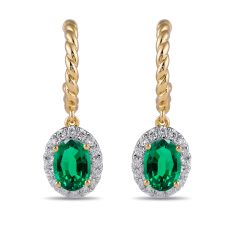Oval Emerald and 1/3ctw Lab Grown Diamond Yellow Gold Hoop Drop Earrings