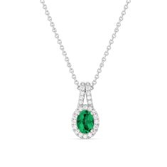 Oval Emerald and 1/5ctw Lab Grown Diamond Halo White Gold Pendant Necklace