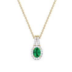 Oval Emerald and 1/5ctw Lab Grown Diamond Halo Yellow Gold Pendant Necklace