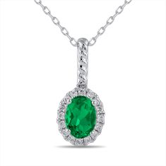 Oval Emerald and 1/6ctw Lab Grown Diamond Halo White Gold Pendant Necklace