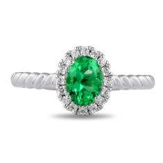 Oval Emerald and 1/6ctw Lab Grown Diamond Halo White Gold Ring