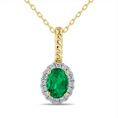 Oval Emerald and 1/6ctw Lab Grown Diamond Halo Yellow Gold Pendant Necklace