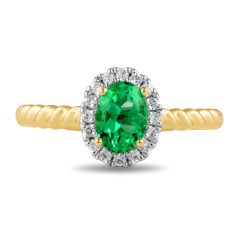 Oval Emerald and 1/6ctw Lab Grown Diamond Halo Yellow Gold Ring