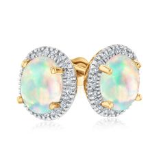 Oval Opal and Diamond Halo Yellow Gold Stud Earrings 1/6ctw
