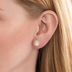 Oval Opal and Diamond Halo Yellow Gold Stud Earrings 1/6ctw