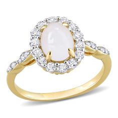 Oval Opal, White Topaz, and 1/20ctw Diamond Halo Yellow Gold Ring