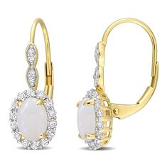 Oval Opal, White Topaz, and 1/20ctw Diamond Yellow Gold Leverback Earrings