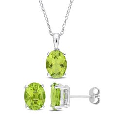 Oval Peridot Sterling Silver Pendant Necklace and Stud Earrings Set