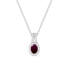 Oval Ruby and 1/5ctw Lab Grown Diamond Halo White Gold Pendant Necklace