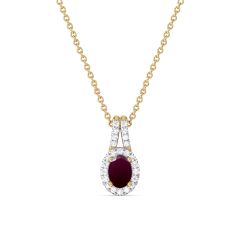 Oval Ruby and 1/5ctw Lab Grown Diamond Halo Yellow Gold Pendant Necklace