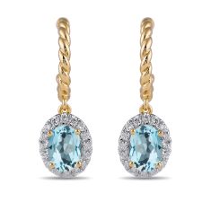 Oval Swiss Blue Topaz and 1/3ctw Lab Grown Diamond Yellow Gold Hoop Drop Earrings