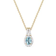 Oval Swiss Blue Topaz and 1/5ctw Lab Grown Diamond Halo Yellow Gold Pendant Necklace