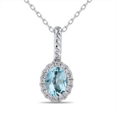 Oval Swiss Blue Topaz and 1/6ctw Lab Grown Diamond Halo White Gold Pendant Necklace