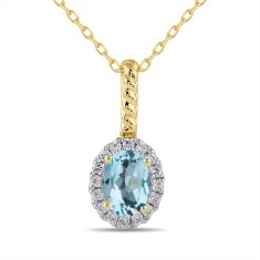 Oval Swiss Blue Topaz and 1/6ctw Lab Grown Diamond Halo Yellow Gold Pendant Necklace