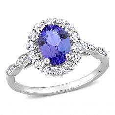 Oval Tanzanite, White Topaz, and 1/20ctw Diamond White Gold Gemstone Ring