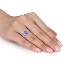 Oval Tanzanite, White Topaz, and 1/20ctw Diamond White Gold Gemstone Ring
