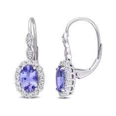 Oval Tanzanite, White Topaz, and 1/20ctw Diamond White Gold Leverback Earrings