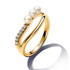 Pandora Essence Treated Freshwater Cultured Pearl & Organically Shaped Double Band Gold-Plated Ring