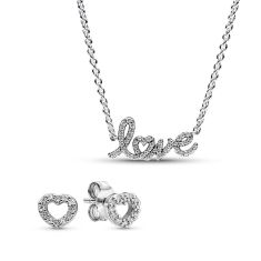 Pandora Handwritten Love Necklace and Earring Jewelry Gift Set