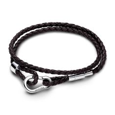 Pandora Black Braided Double Leather Charm Bracelet REEDS Jewelers