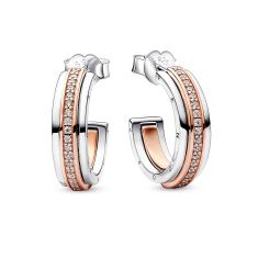 Pandora Signature Two-Tone Logo & Pav Hoop Earrings | Rose Gold-Plated