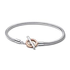 Pandora Signature Two-Tone Logo T-Bar Snake Chain Bracelet | Rose Gold-Plated