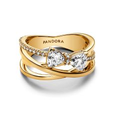 Pandora Sparkling Bow & Crossover Gold-Plated Band Ring