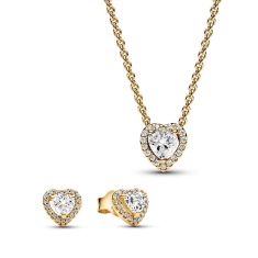 Pandora Sparkling Elevated Heart Necklace and Earring Gold-Plated Jewelry Gift Set