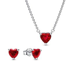 Pandora Sparkling Red Heart Necklace and Earring Jewelry Gift Set