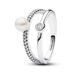 Pandora Treated Freshwater Cultured Pearl & Pavé Double Band Ring