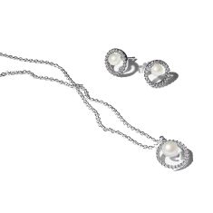 Pandora Treated Freshwater Cultured Pearl & Pav Necklace and Earring Jewelry Gift Set