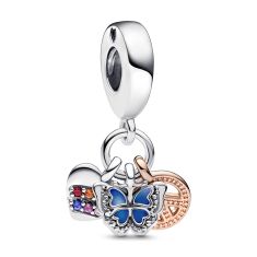 Pandora Two-Tone Rainbow Heart, Butterfly & Peace Triple Dangle Charm | Rose Gold-Plated