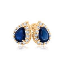 Pear-Shaped Blue Sapphire and 1/2ctw Diamond Yellow Gold Earrings - Watercolor Collection