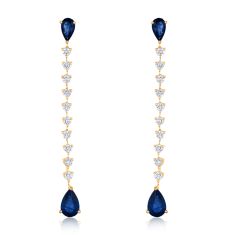 Pear-Shaped Blue Sapphire and 5/8ctw Diamond Yellow Gold Linear Drop Earrings - Watercolor Collection